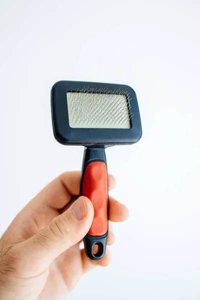 Closeup Shot Crop Male Hand Holding Small Pet Brush Isolated — Stock Photo, Image