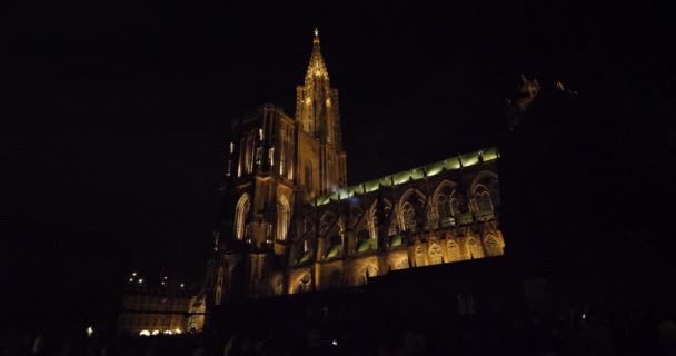 Christmas Market Atmosphere France Strasbourg Decorated Buildings Lights Angels Notre — Stock Video