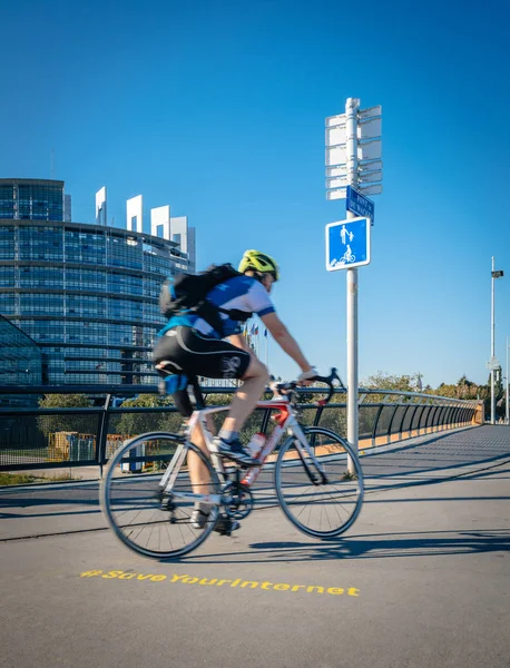 Strasbourg France Sep 2018 Senior Cyclist Large Protest Banner Your — Stock Photo, Image