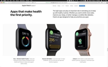 London, Büyük Britanya - 12 Eylül 2018: Apple bilgisayarlar ürün lansmanı sonra bilgisayar Macbook ekranda görülen çeşitli sağlık app Apple Watch giyilebilir bilgisayar,