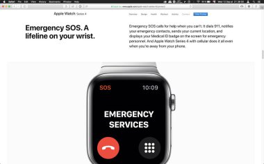 London, Büyük Britanya - 12 Eylül 2018: Apple bilgisayarlar ürün lansmanı sonra bilgisayar Macbook ekranda görülen acil durum hizmetleri Apple Watch giyilebilir bilgisayar,