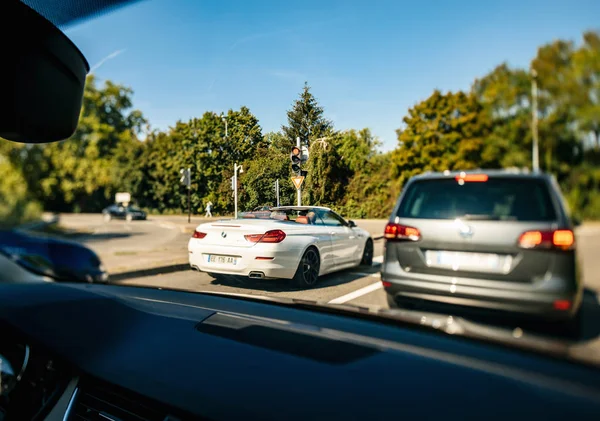 Strasbourg France Sep 2018 Driver Pov Intersection Luxury White Convertible — Stock Photo, Image