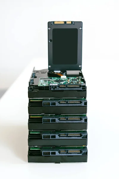 Stack Multiple Hdd Hard Disk Drives Modern Fast Sata Ssd — Stock Photo, Image