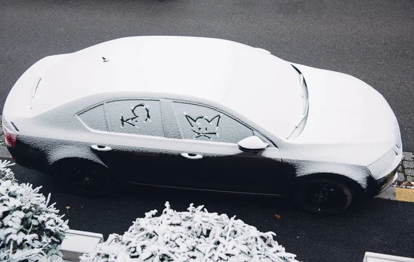 Αυτοκινήτων που καλύπτονται με χιόνι με γάτα είμαι σιλουέτες ποντίκι — Φωτογραφία Αρχείου