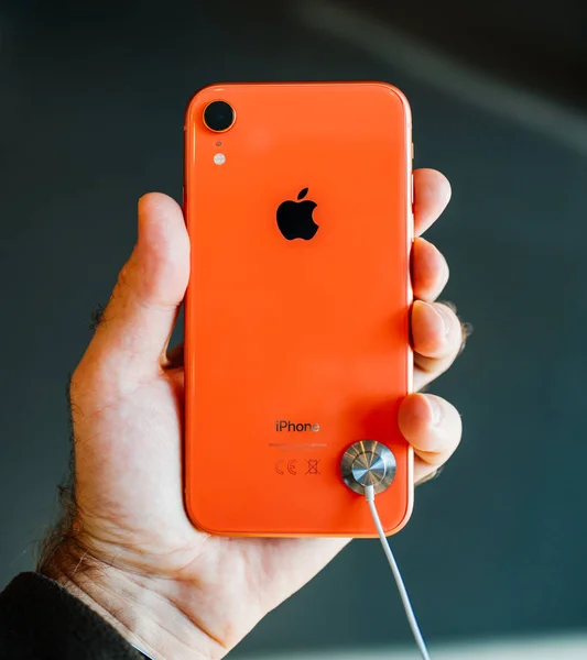 Strasbourg France Oct 2018 Customer Pov Holding New Red Iphone — Stock Photo, Image