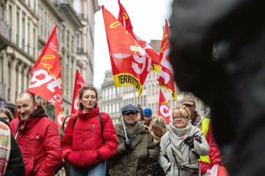 Strasbourg, Fransa - 22 Mar 2018: Cgt genel afişini de gösteri ile işçi İşçi Konfederasyonu protesto karşı Macron Fransız hükümet dize reformların - yaşlılar önünde ilk satır