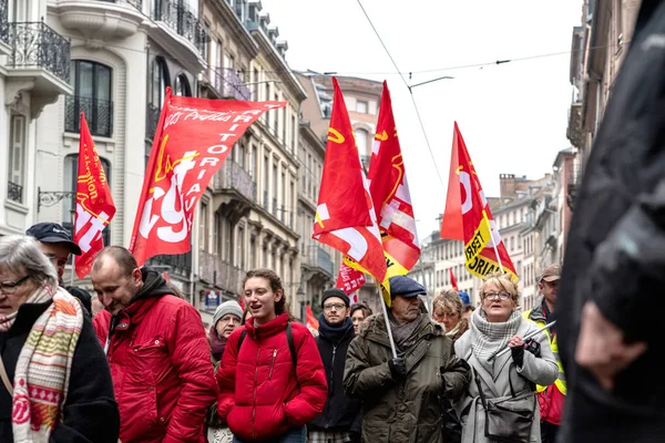 ストラスブール フランス 2018 Cgt デモのプラカードを持つ労働の労働者の一般的な連合は抗議改革 最初の行の前に先輩のマカロン フランス政府文字列 — ストック写真