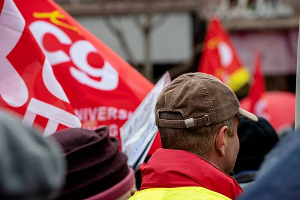 法国斯特拉斯堡 2018年3月22日 在示威抗议中 对长音符法国政府的一系列改革提出异议的劳工总联合会 — 图库照片