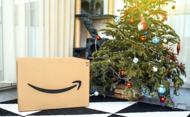 Noel ağacı oturma odasında yakınındaki Amazon karton kutu