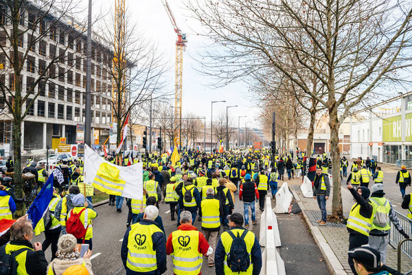 Elevated view of protesters in France Strasbourg yellow vests