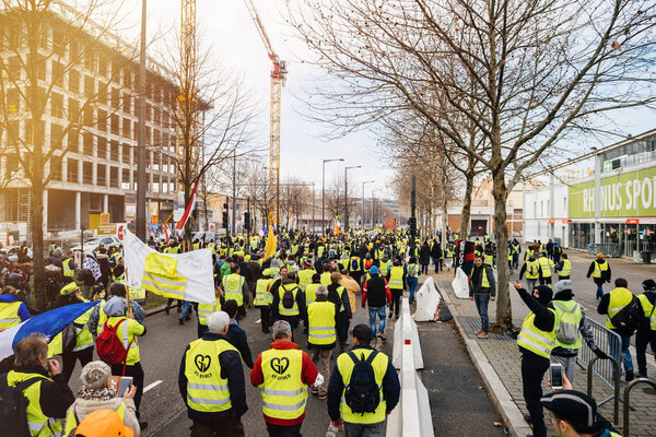 Elevated view of protesters in France Strasbourg yellow vests