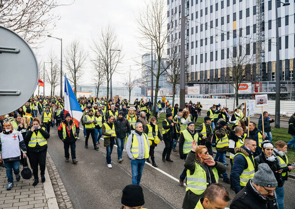 Elevated view of protesters in France Strasbourg yellow vests