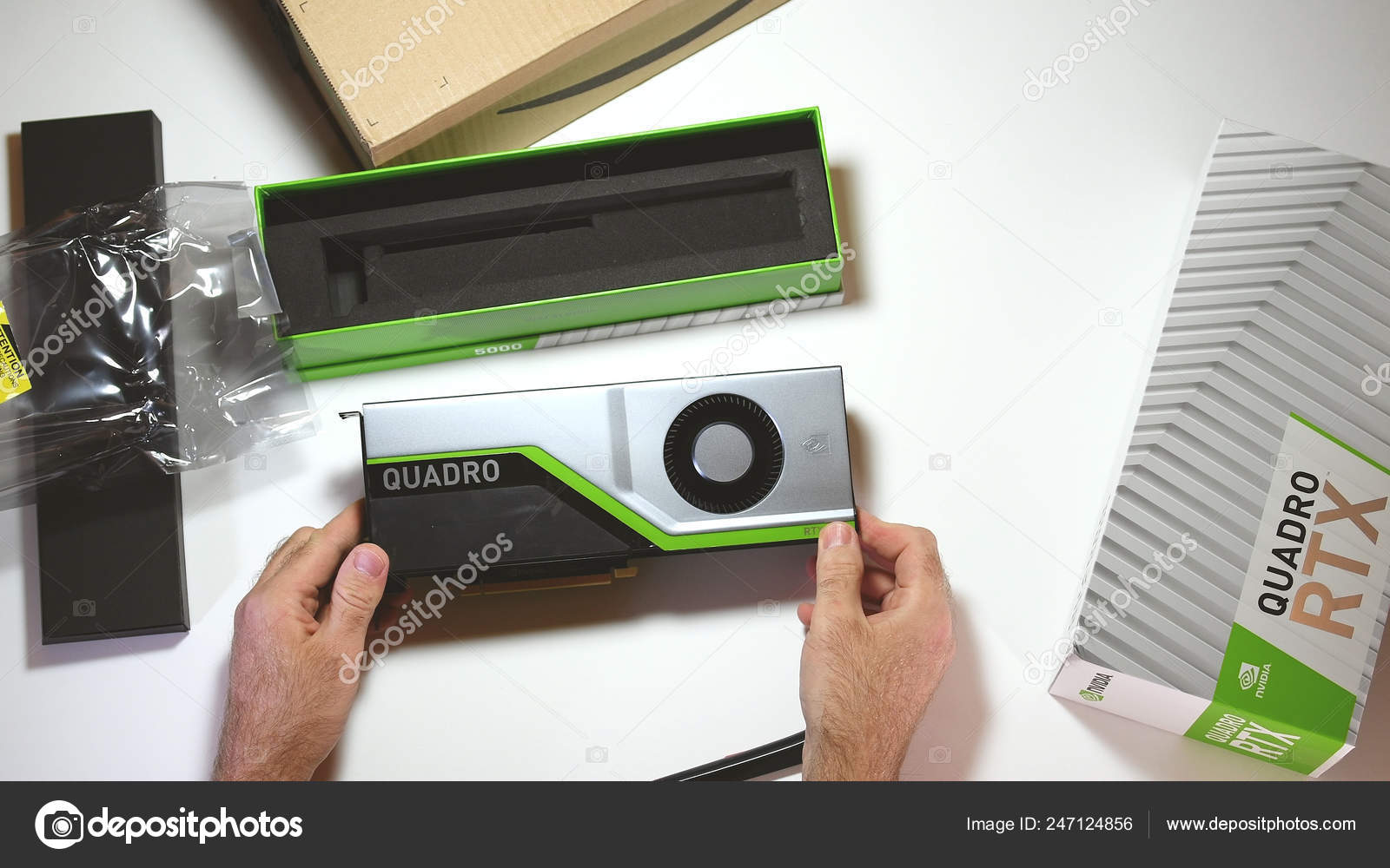 Above view unboxing of Nvidia Quadro RTX 5000 GPU Stock