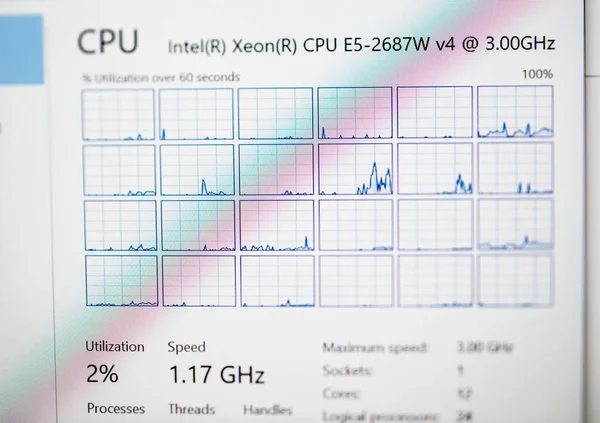 Múltiples núcleos de CPU que trabajan en la utilización inactiva Dell Precision workstation —  Fotos de Stock