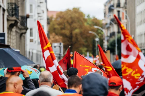 Flags people placards at protest in France French city — Stock Photo, Image