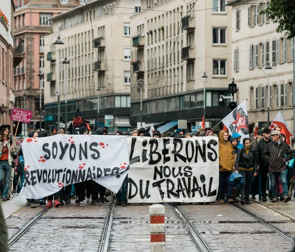 Emmanuel Macron işçi reformlara karşı siyasi Mart — Stok fotoğraf