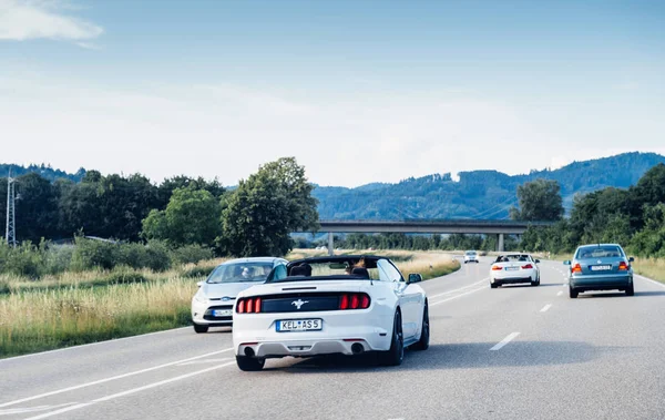 German highway with white luxury Mustang convertible — Stock Photo, Image
