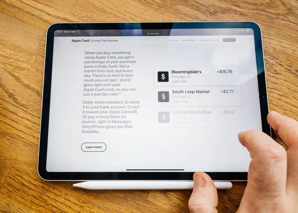 Man POV ipad Pro Tablet com recurso de cartão Apple no site — Fotografia de Stock