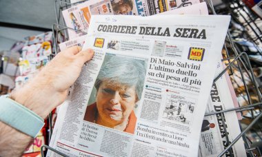Italian Newspaper about Theresa May resignations kiosk  clipart