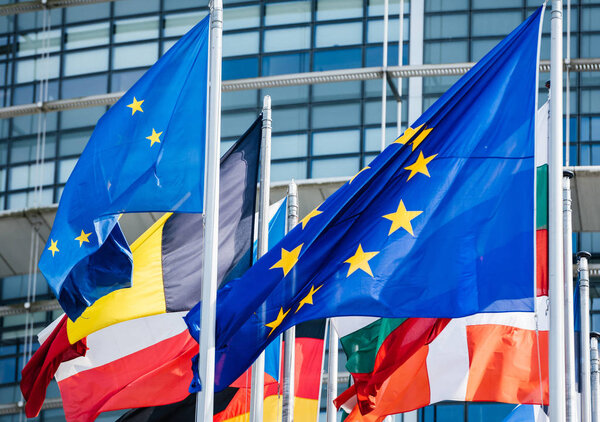 Flags of all member states of the European Union Parliament 