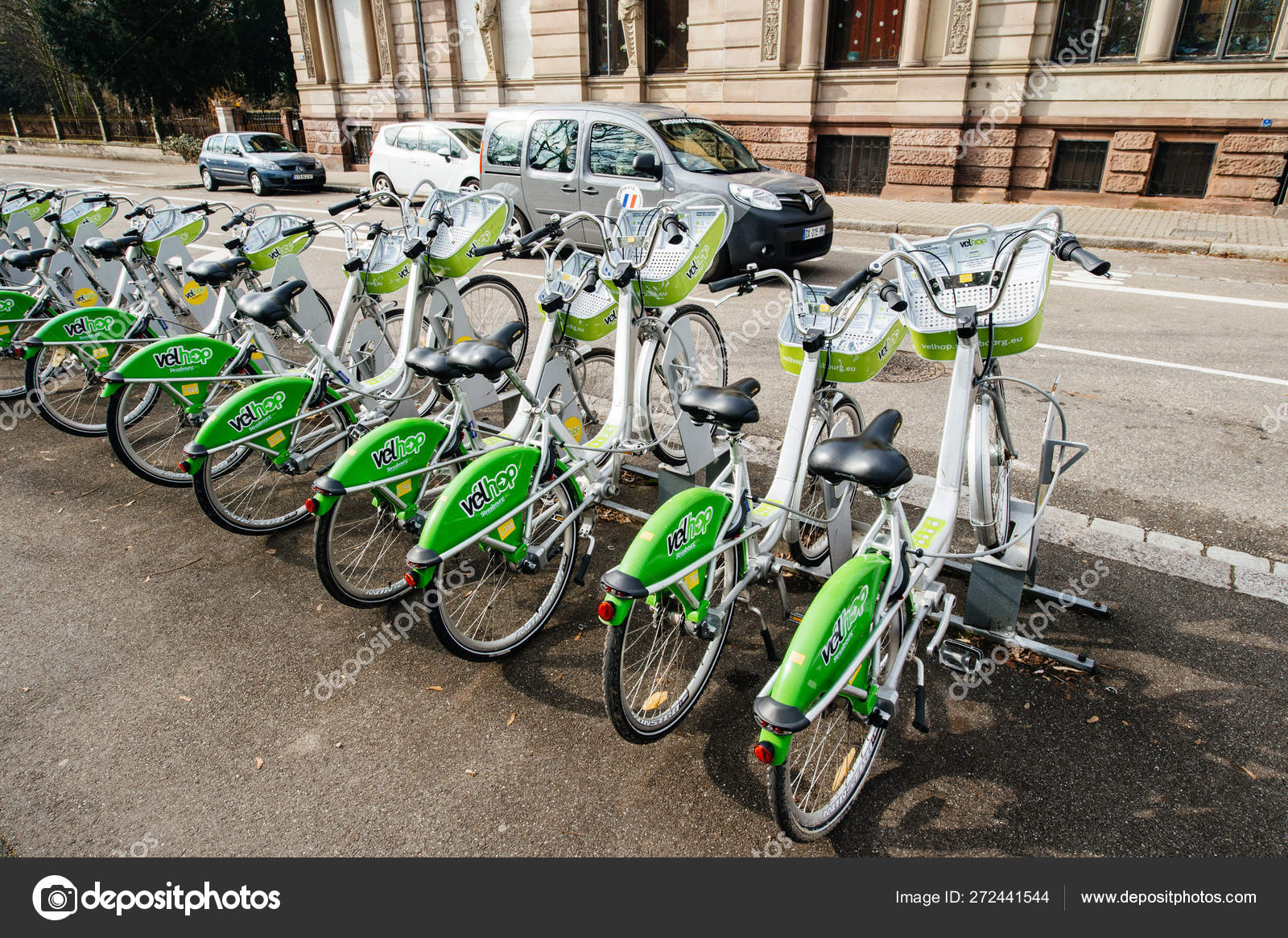 Rows of multiple parked VelHop bicycle rental service Stock Editorial