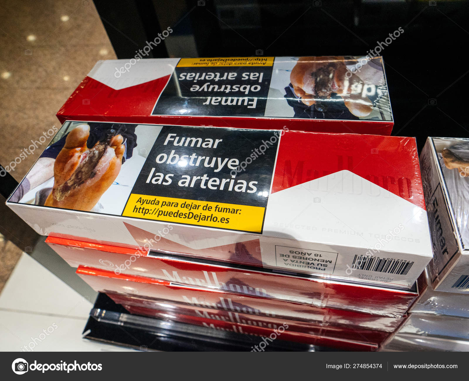 Multiple Marlboro cigarettes packs blocks Airport DutyFree store Stock Editorial Photo