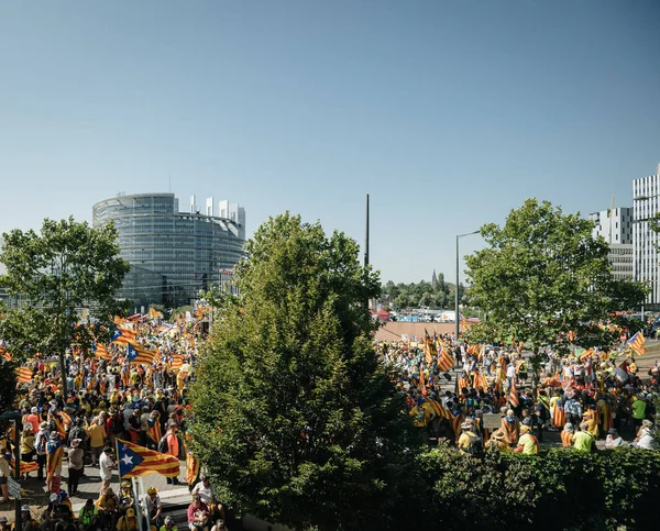 Vista aérea Manifestantes catalanes frente al Parlamento Europeo — Foto de Stock