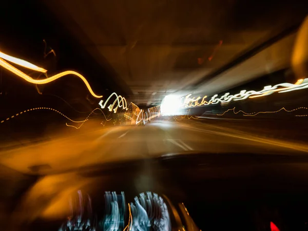 Drunk vision driving car inside tunnel — Stock Photo, Image