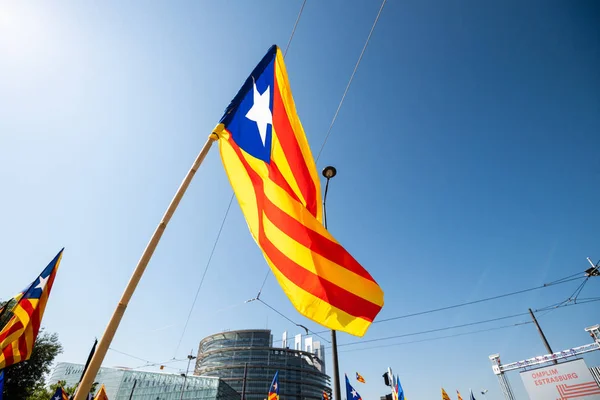 Bandera catalana y manifestantes frente al Parlamento Europeo — Foto de Stock