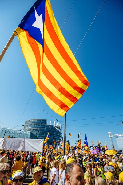 Каталонський прапор і протестуючі перед Європейським Парламентом — стокове фото