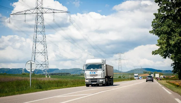 Fast driving French Renault truck on the highway — Stock Photo, Image