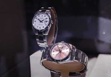 Luxury Swiss watch Rolex in showcase window Official Dealer clipart