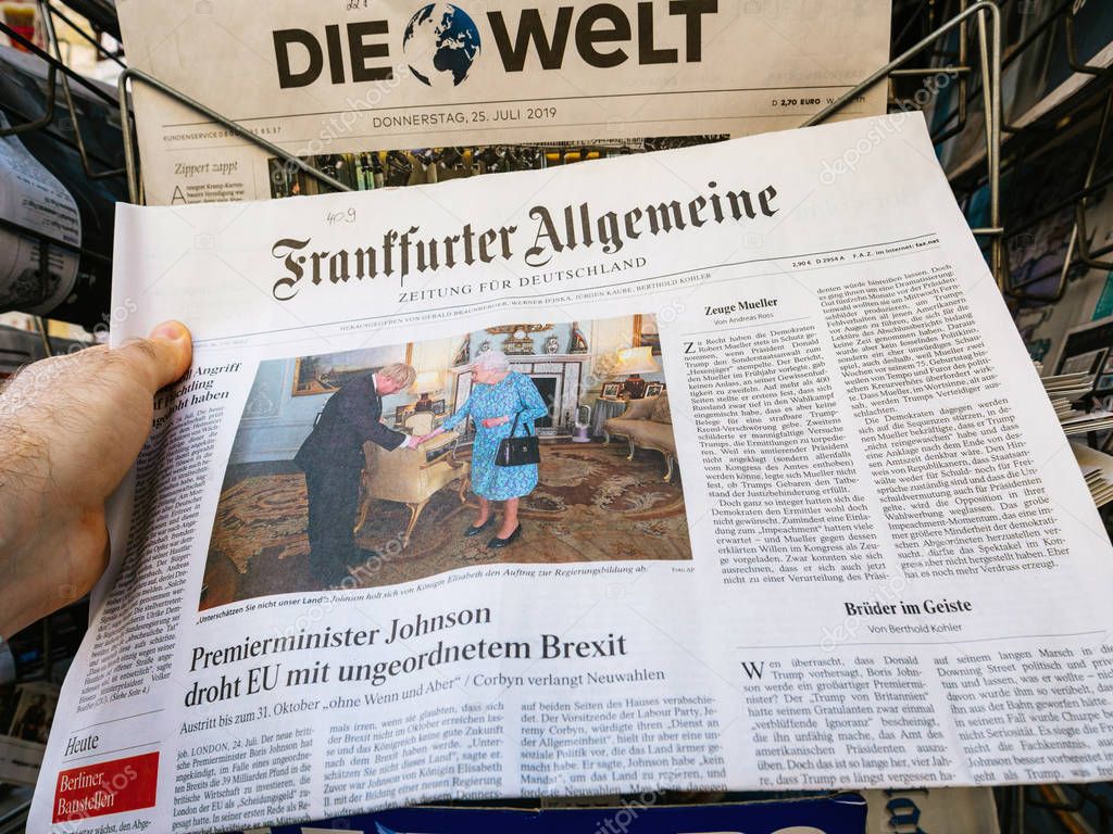 Paris, France - Jul 24, 2019: Boris Johnson appears on cover page of the German Frankfurter Allgemeine newspaper as he becomes UK United Kingdom Prime Minister meeting Queen Elizabeth