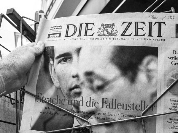 Newspaper kiosk stand with Chancellor of Austria Sebastian Kurz