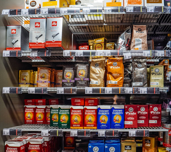 interior of Albert Heijn store rows of coffee tea products