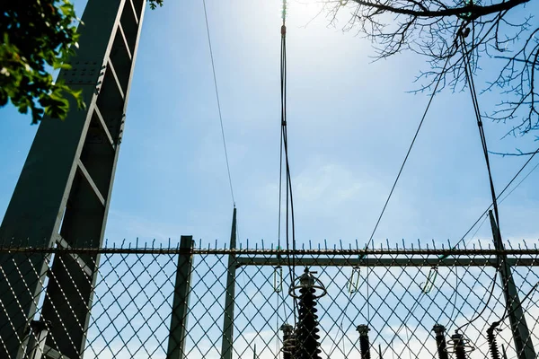 Low angle view of high voltage French power lines — Stock Photo, Image