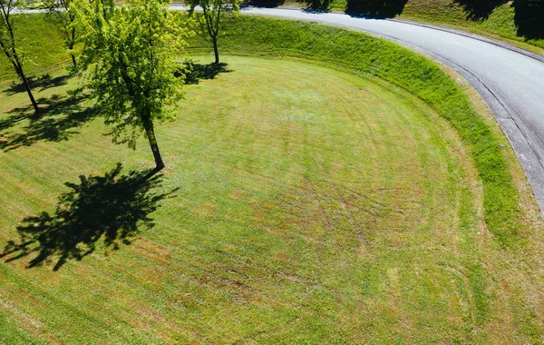 View from above of modern roundabout with lawn grass and trees — Stock Photo, Image