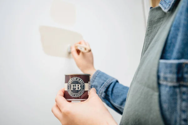 Woman painting with Farrow and Ball sample pot new colour on her wall during reconstruciton — Stock Photo, Image
