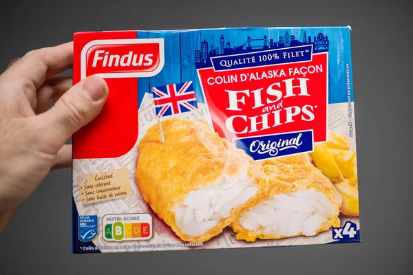 Findus tarafından üretilen taze balık ve patates kızartması paketi. — Stok fotoğraf