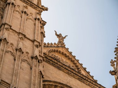 Mallorca 'daki Palma Katedrali cephesinde Gotik mimari özellikleri vurgulayan ayrıntılı taş melek heykeli.