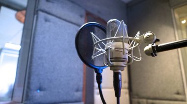 Şok montajı ve pop filtresine sahip stüdyo mikrofonu 