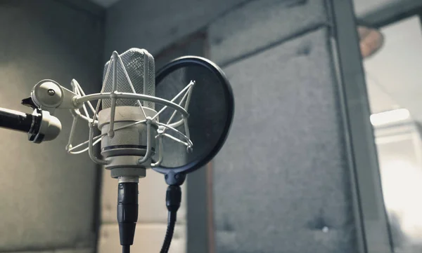 Studio microphone with shock mount and pop filter — Stock Photo, Image