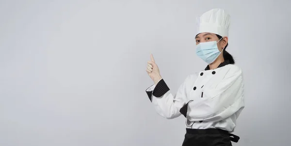 Mulher Asiática Chef Uniforme Cor Branca Com Higiene Como Máscara — Fotografia de Stock