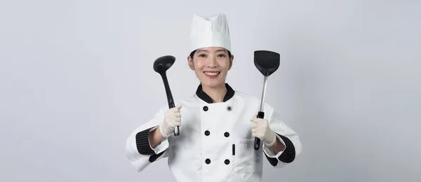 Middle Aged Asian Woman Chef Holding Smartphone Digital Tablet Received — Stock Photo, Image