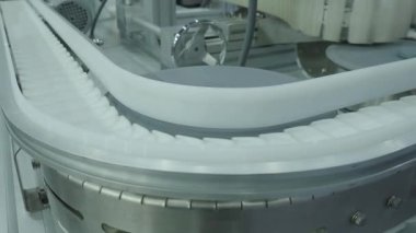 Sıvı ürünlerle dolu plastik şişeler modern bir fabrikada otomatik taşıma bandı boyunca ilerler. Otomasyon teknolojisi ve üretim süreci için endüstriyel üretim hattı kavramı