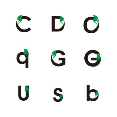 İnsanlar öğesi tasarım ve alfabe harfleri yaprak ile ayarla. Kurumsal marka kimliğini tasarım şablonu. Yaprak insanlar mektuplar koleksiyonu. Vektör çizim