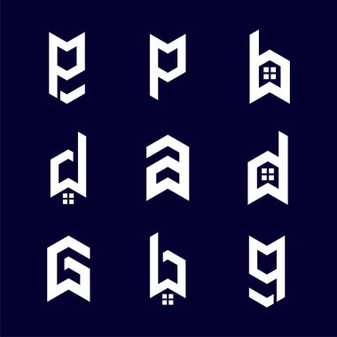 Alfabe harfleri ile ev kare Logo öğe ayarlayın. Eve mektup koleksiyonu.