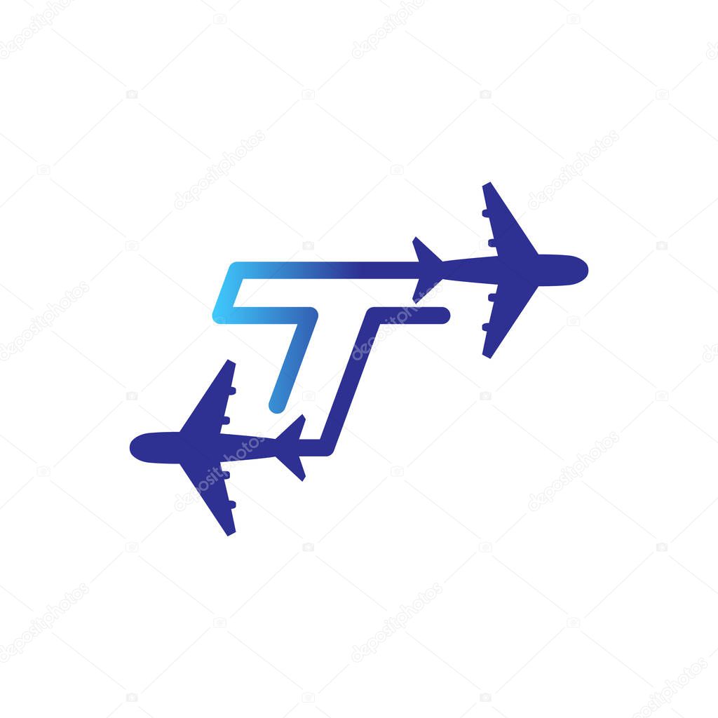 Line Airways T letter logo vector element. Initial Plane Travel logo Template