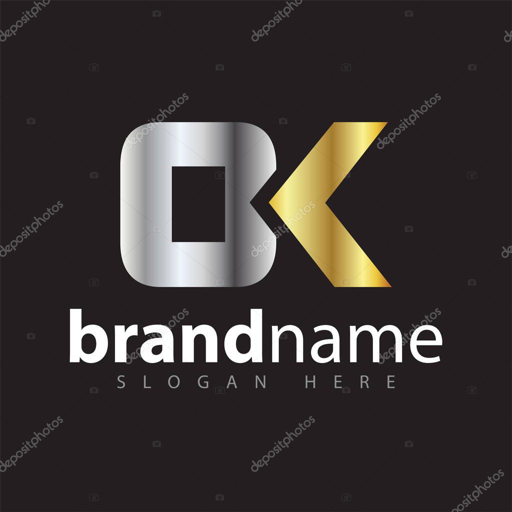O k initial letter logo icon vector. gold silver gradient color