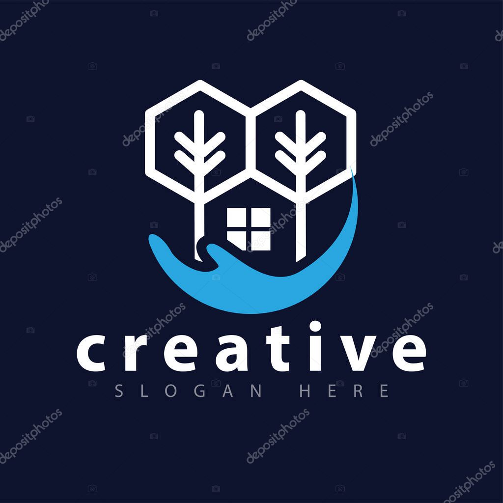 Hand care and tree home logo vector template